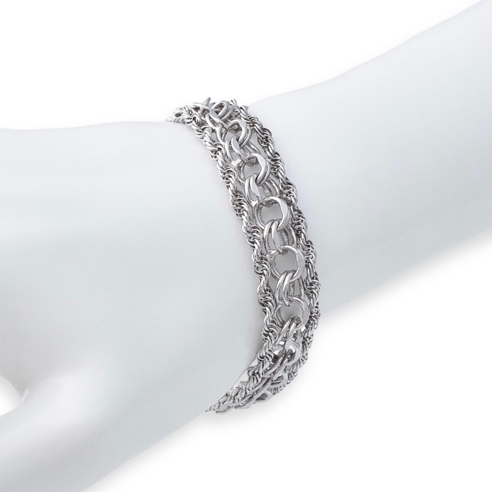 Vintage Sterling Silver Link Bracelet Wide Triple Row Twisted Rope Signed ER